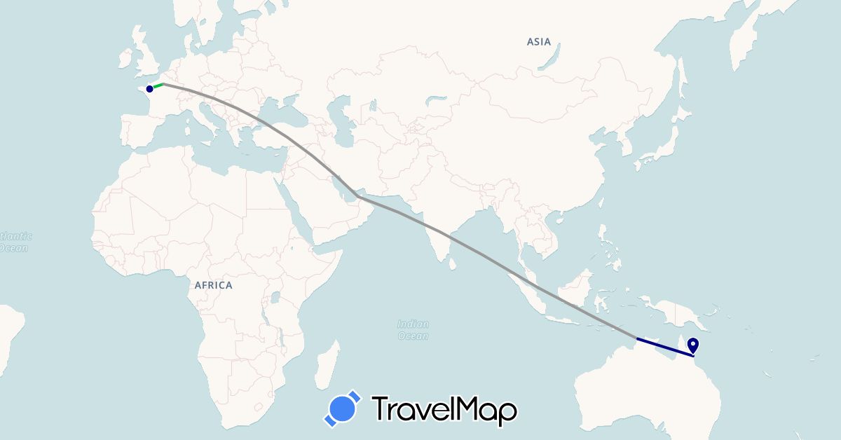 TravelMap itinerary: driving, bus, plane in United Arab Emirates, Australia, France, Singapore (Asia, Europe, Oceania)